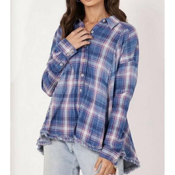 Free People Tops - Free People Seeking Starlight Boho Swing Shirt Medium Raw Hem Peplum Button Down